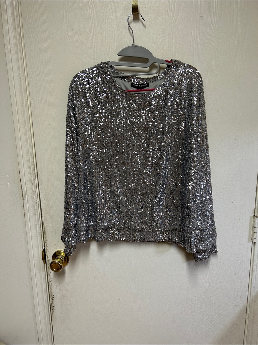 Cable & Gauge Silver Sequin Long Sleeve Crewneck Top